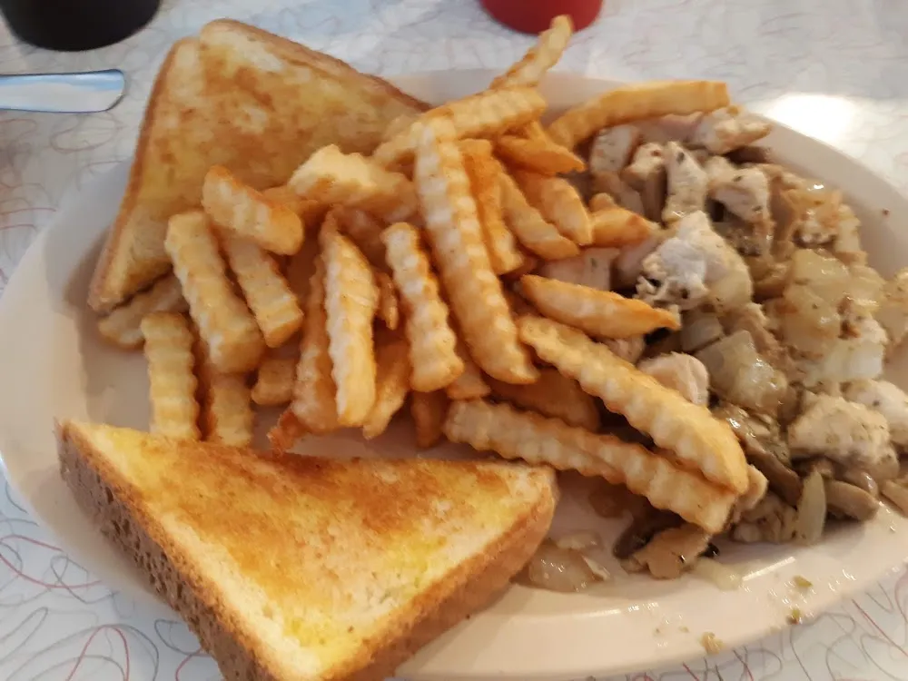 Grilled Chicken Tips with French Fries Slaw and Toast